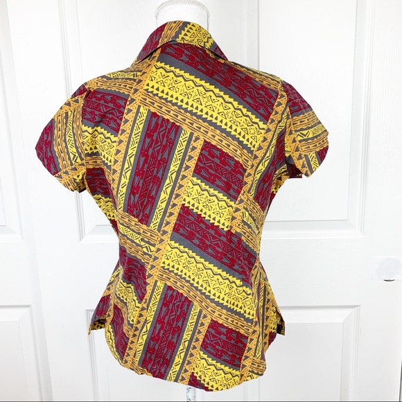 Jackie K Button Down Shirt Women 14 Red Yellow S/S Tribal Aztec Fiji Africa Top - Picture 4 of 6